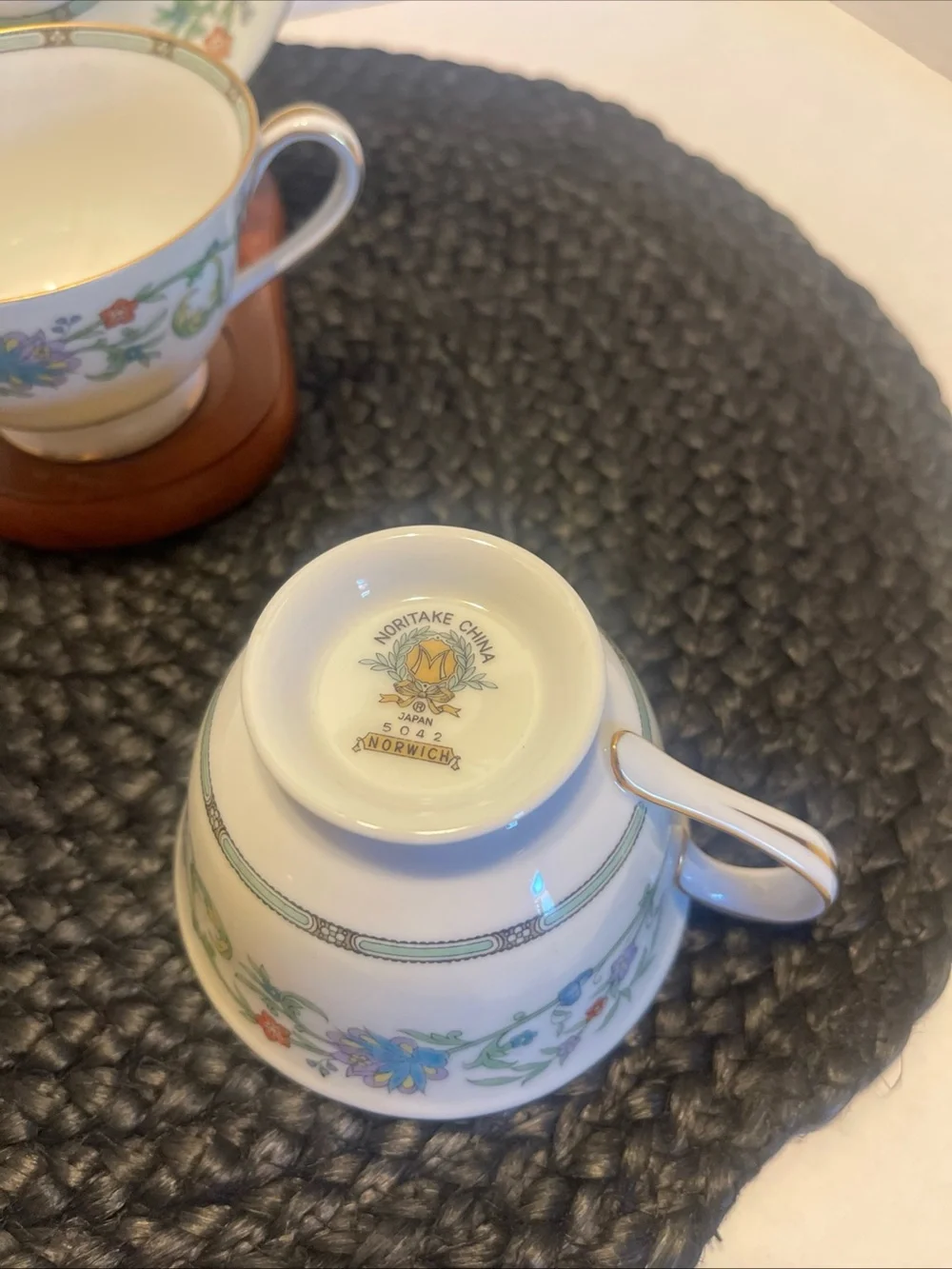 Noritake 1950sTeacup and Saucer Set - Ivory with green and Gold Trim #5042